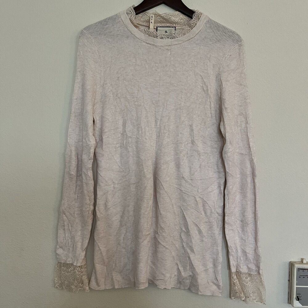 Tuckernuck Long Sleeve Cream Beige Lace Collar Rosemary Ribbed Top SZ XXL